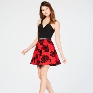 Crystal Doll Belted Flocked Fit & Flare Dress